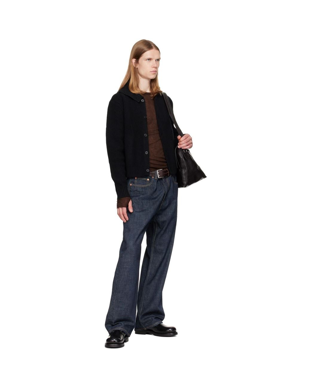 TONYWACK Black High Neck Merino Wool Button-Up Cardigan for men