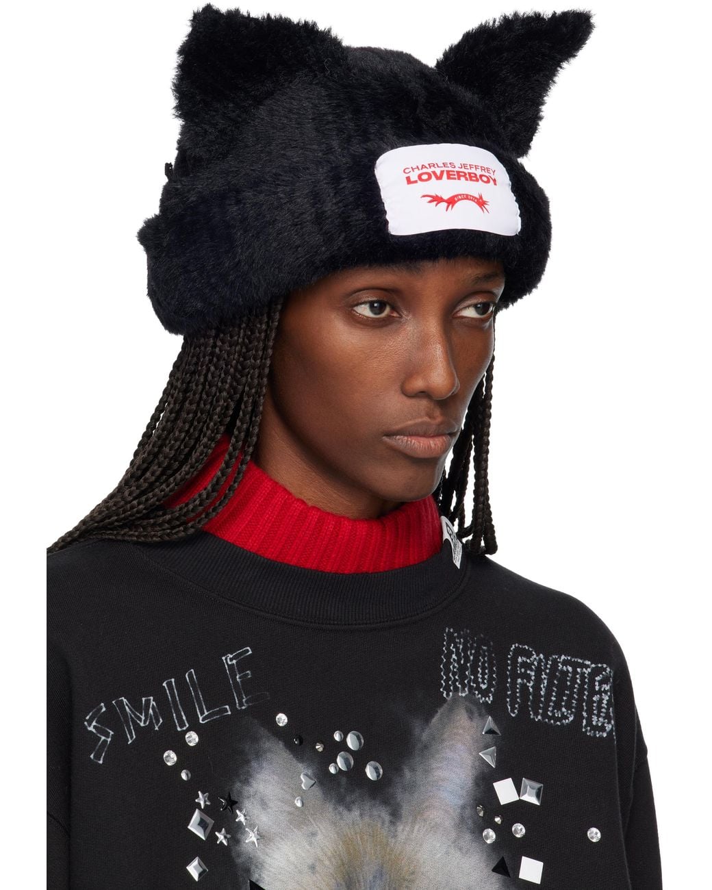 Charles Jeffrey Black Fluffy Chunky Ears Beanie