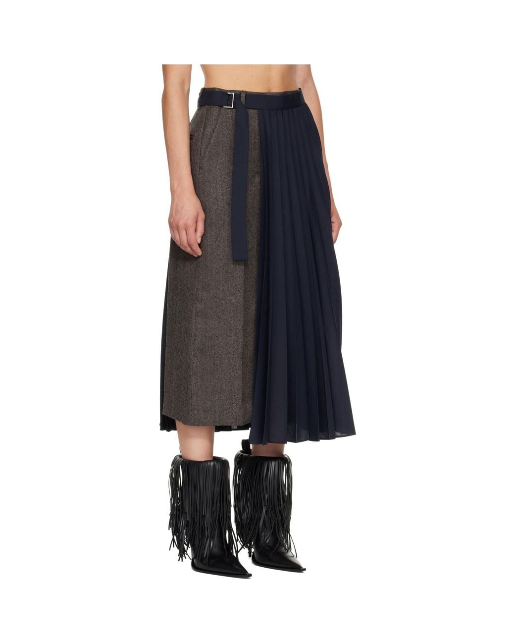Sacai Black Taupe & Herringbone X Suiting Midi Skirt