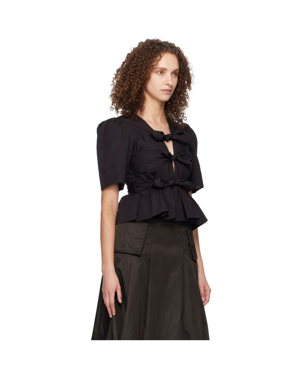 Ganni Black Washed Stretch Cotton Tie Strap Blouse