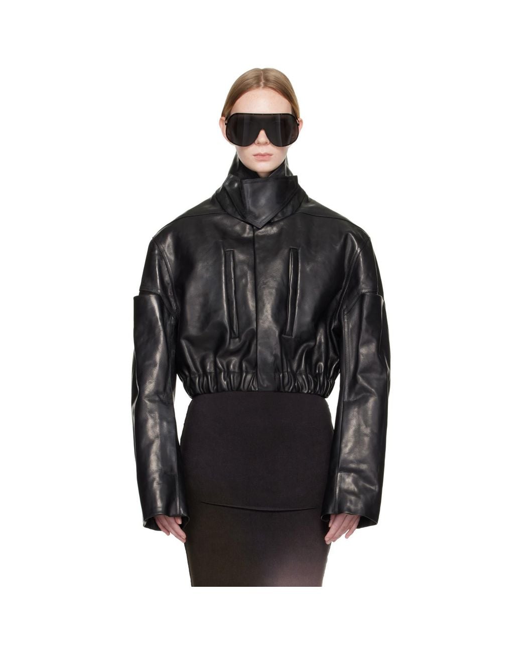 Rick Owens Black Tower Collared Mac Leather Bomber Jacket