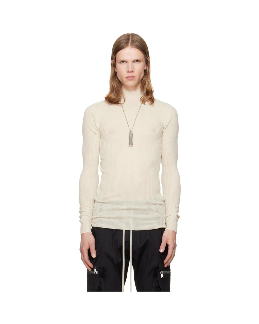 Rick Owens Natural Off- Tower Ribbed Lupetto Sweater for men