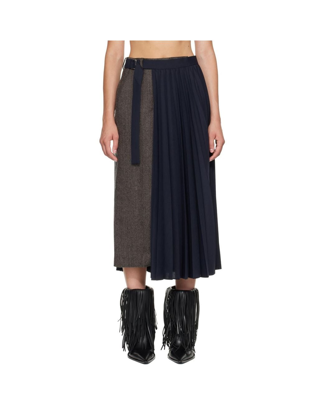 Sacai Black Taupe & Herringbone X Suiting Midi Skirt