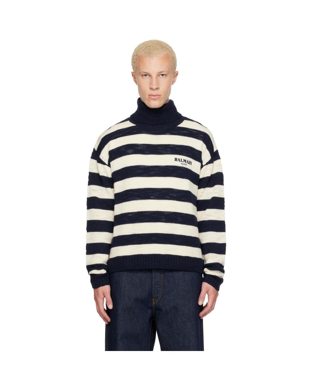 Balmain Blue Off- Mariniere Vintage Wool Turtleneck for men
