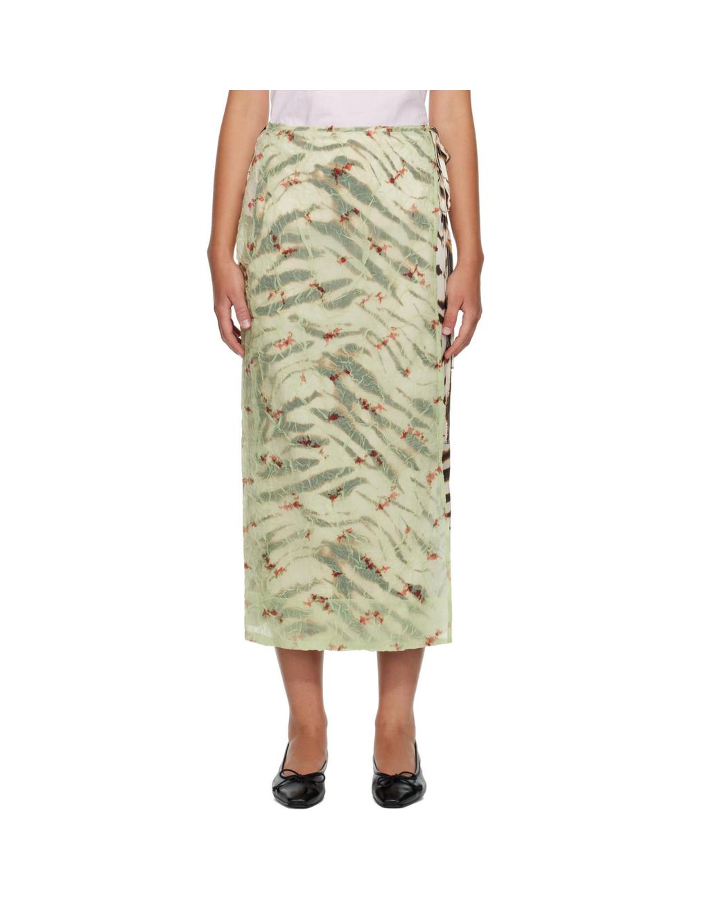 Ganni Green Off- & Shibori Organza Printed Stretch Satin Maxi Skirt