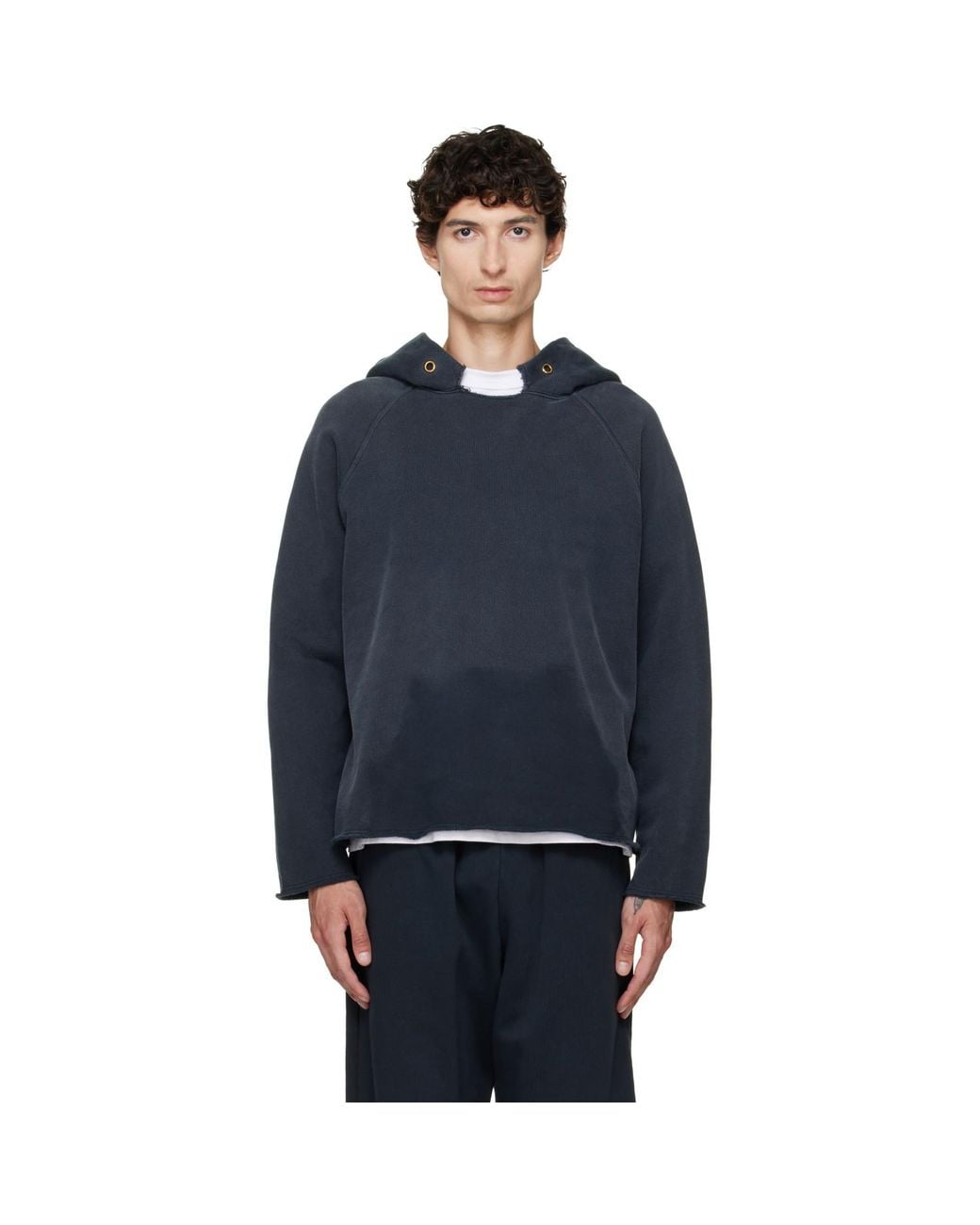 Les Tien Blue Heavyweight Raw Raglan Hoodie for men
