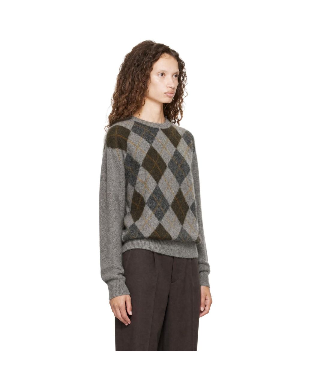 Ssstein Gray Fine Wool Argyle Knit Crew Neck Sweater