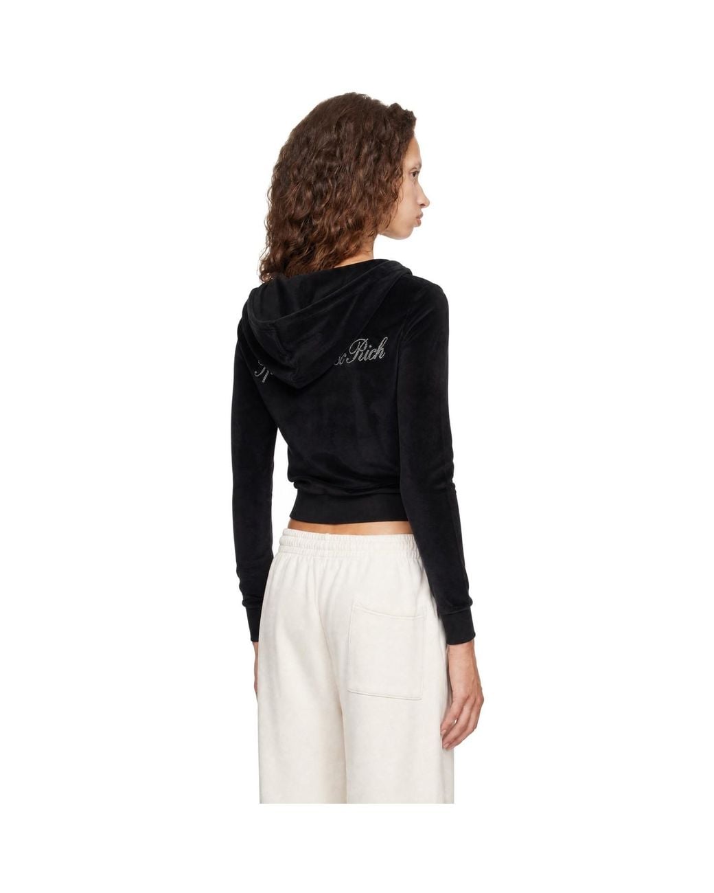 Sporty & Rich Black Signature Logo Krystal Zip Hoodie