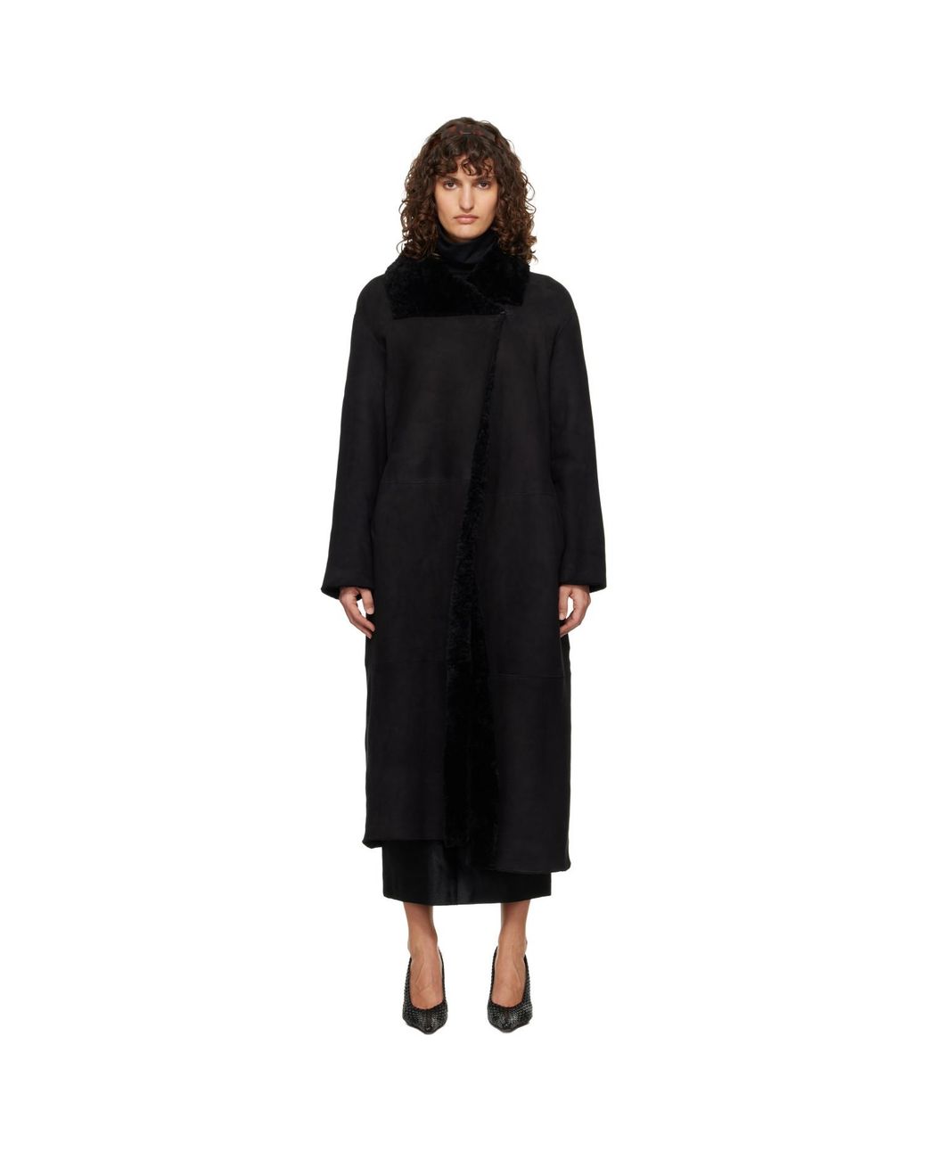 Nour Hammour Black Draped Shearling Birthday Coat