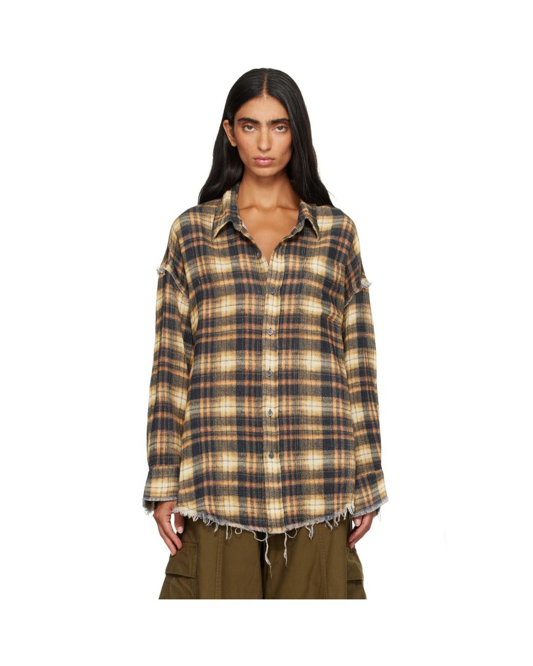 R13 Brown Shredded Seam Drop Neck Shirt