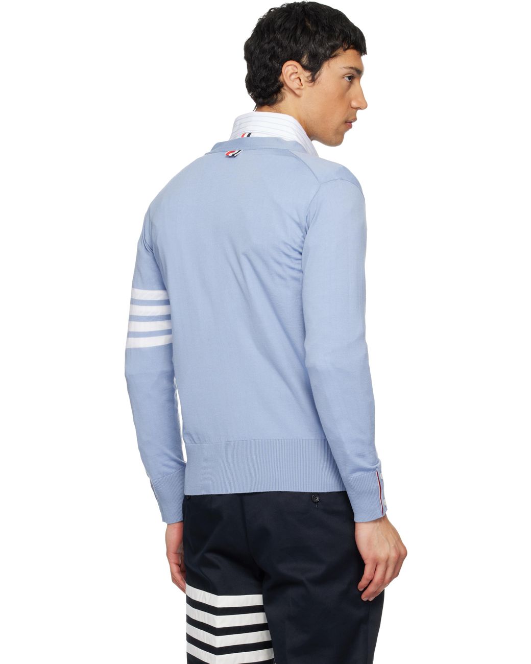 Thom Browne Blue Merino Wool 4-Bar Classic V-Neck Cardigan for men