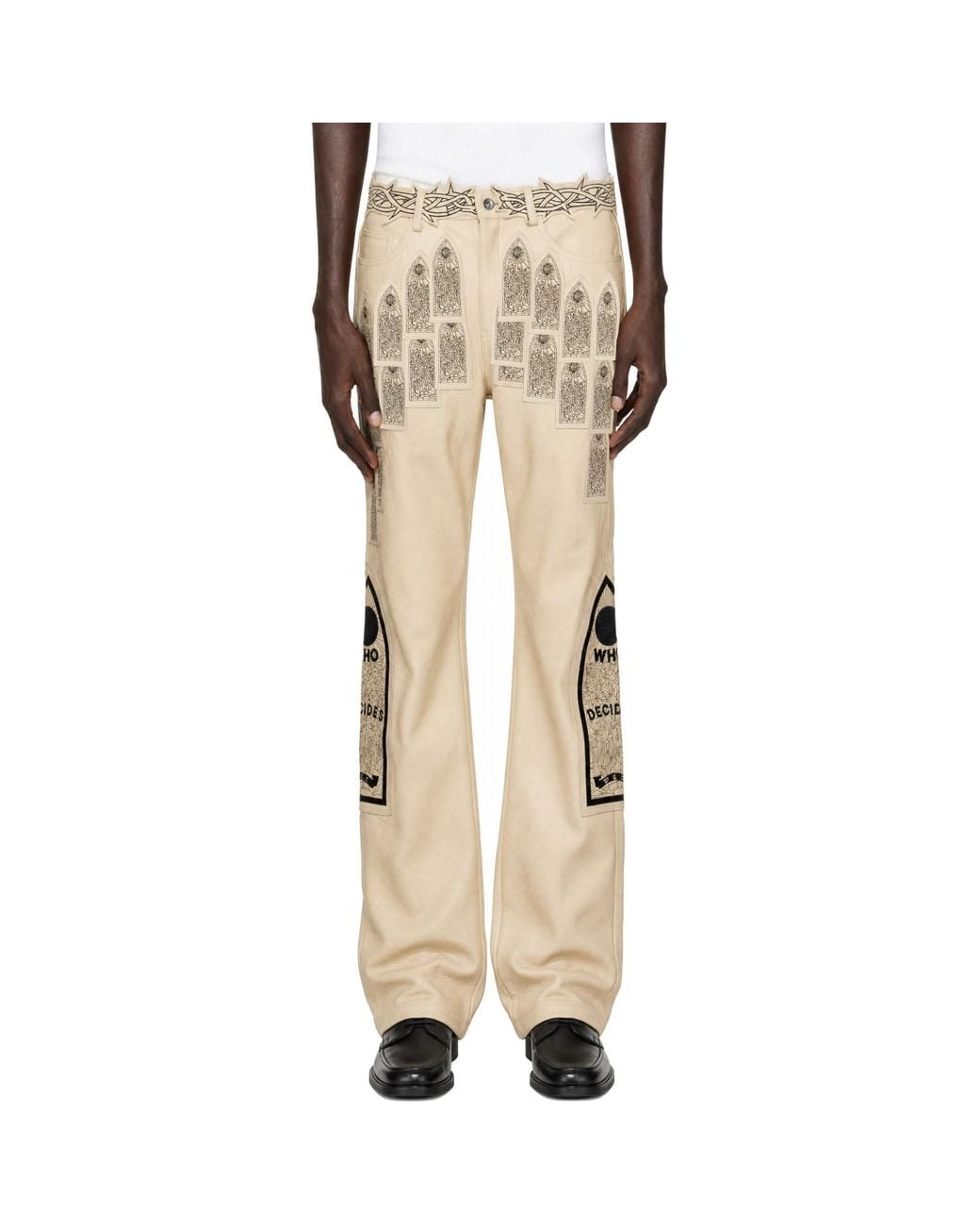 Who Decides War Natural Patched Arch Embroidered Leather Trousers for men