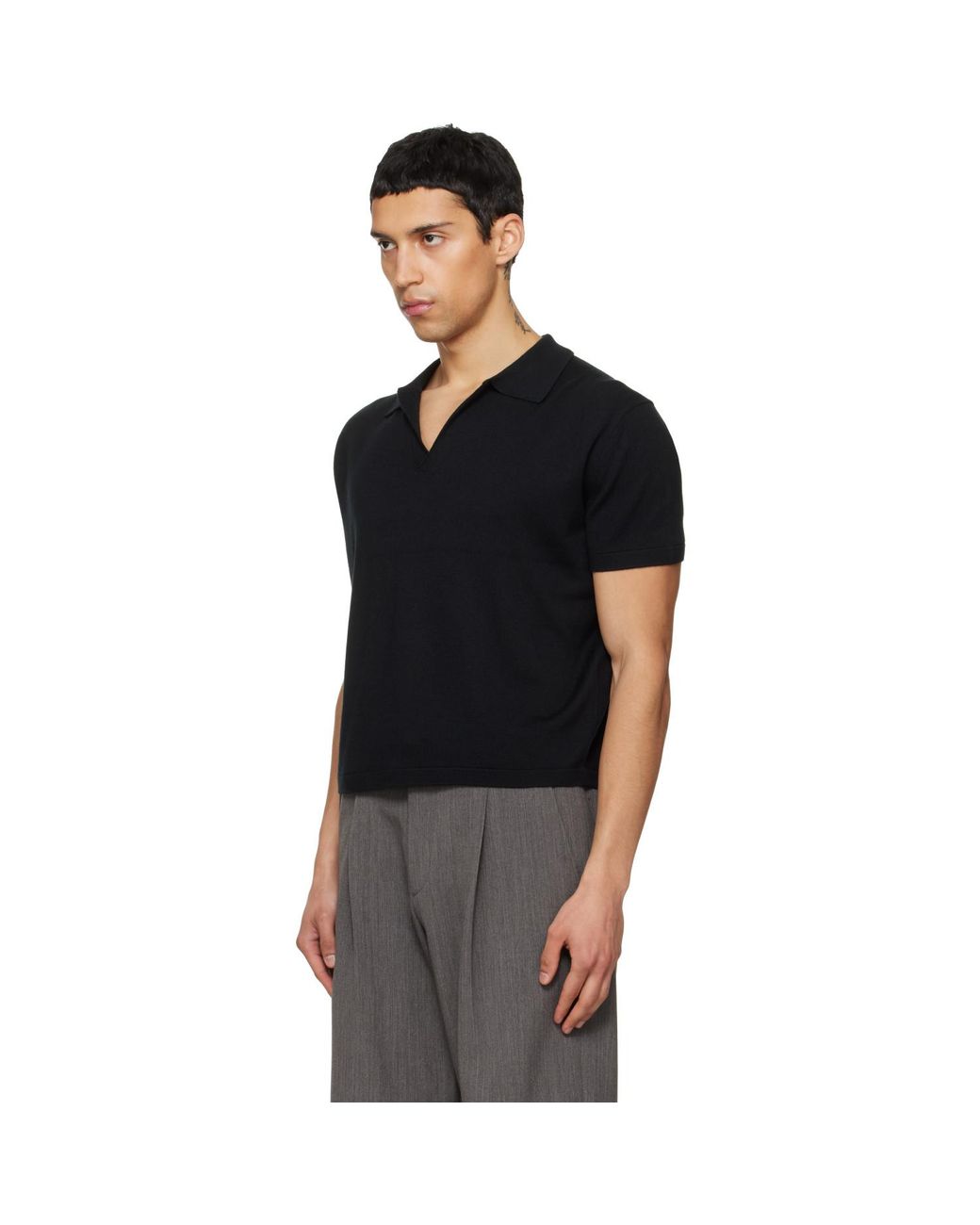 TONYWACK Black Silk Cashmere Open Collar Knit Polo for men