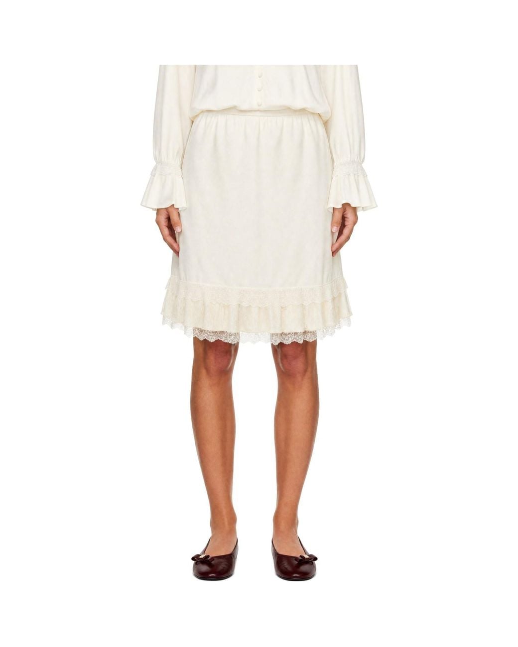 Ganni Natural Off- Frill Satin Midi Skirt