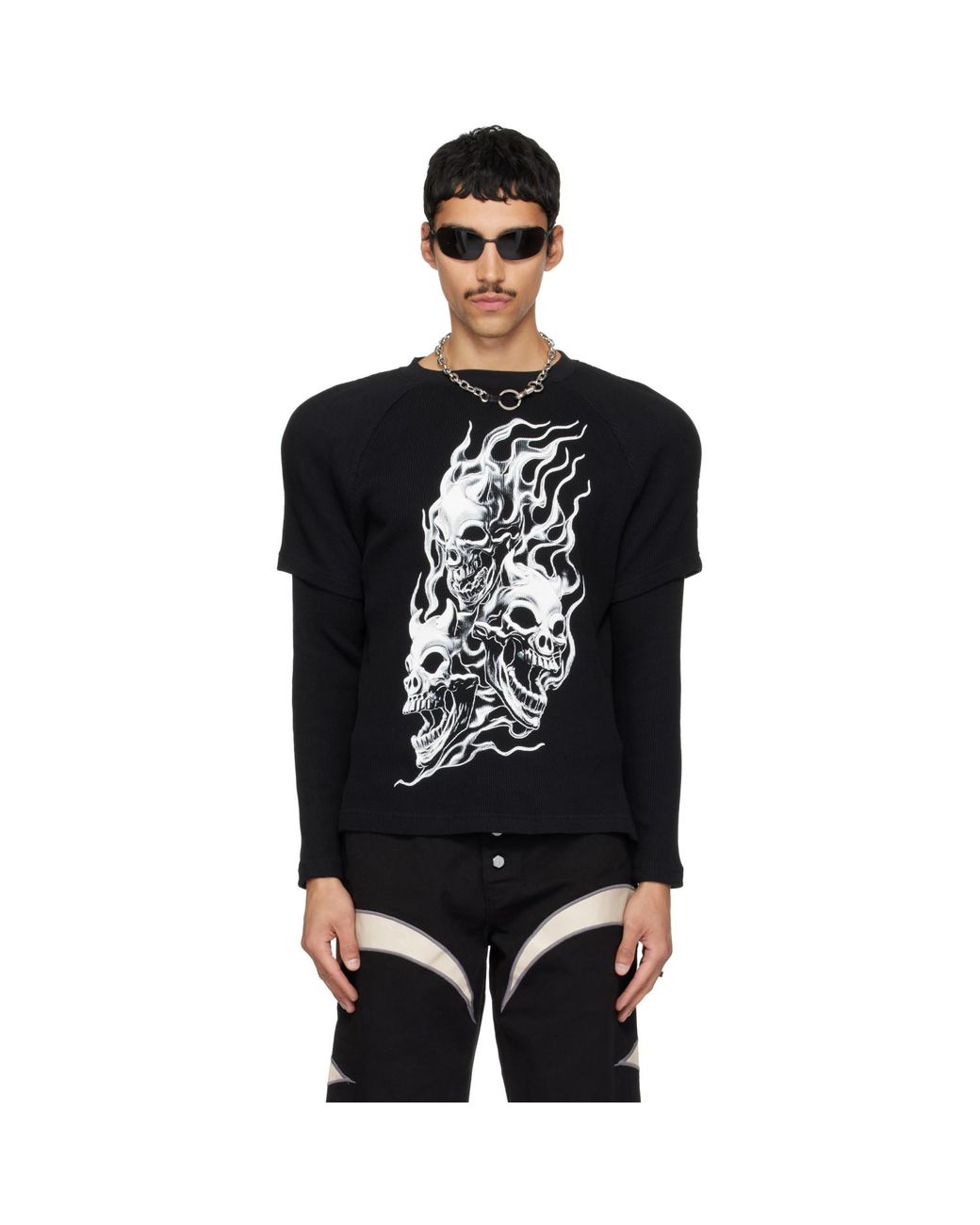 THUG CLUB Black Bulk Shoulder Three Riding Skull Layered T-Shirt for men