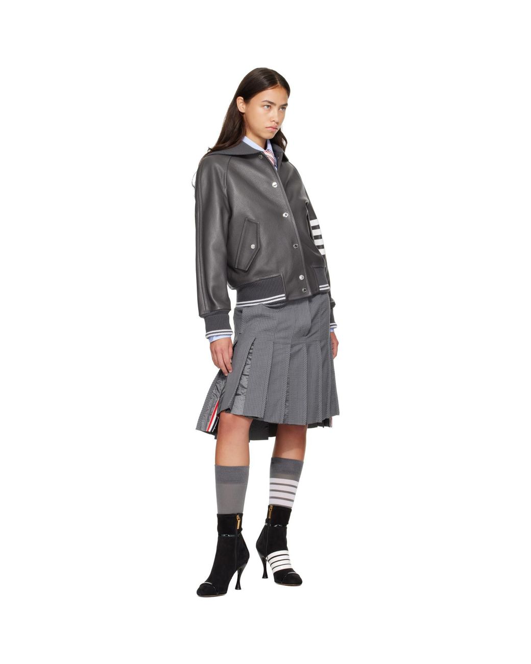 Thom Browne Gray Leather 4-Bar Oversized Blouson Jacket