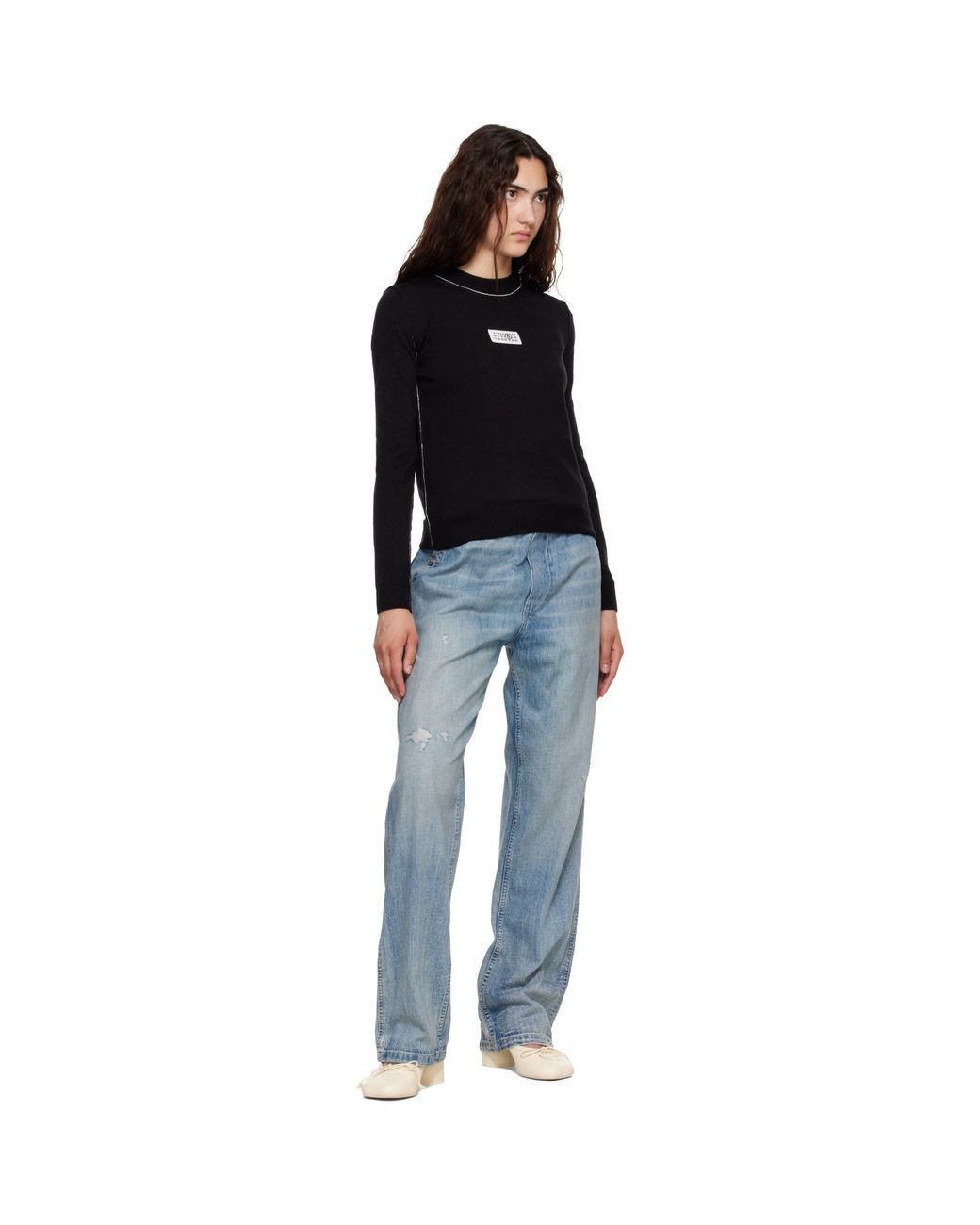 MM6 by Maison Margiela Black Contrast-Trimmed Wool Blend Knit Sweater