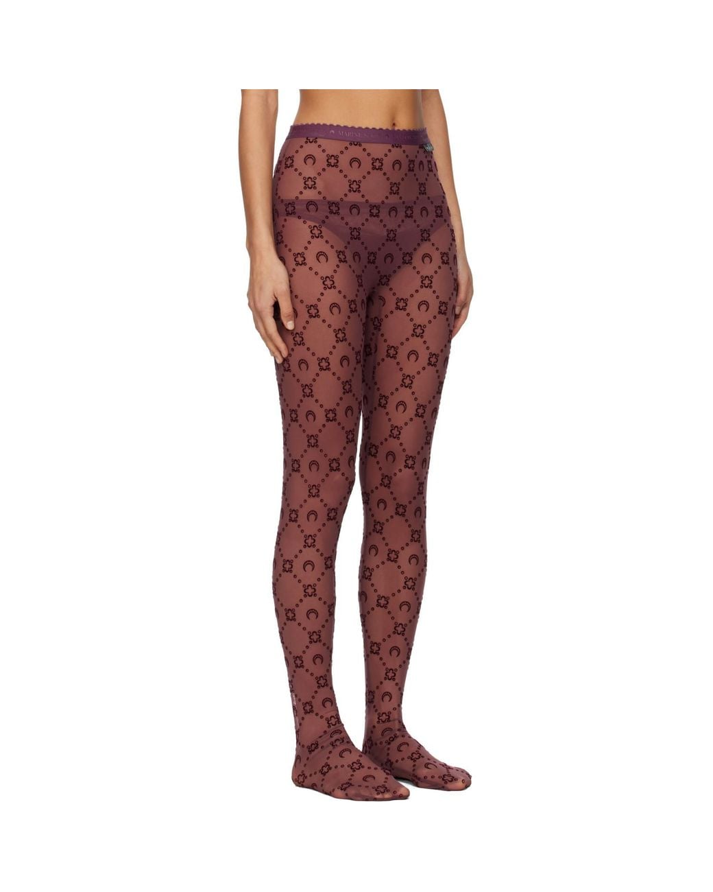 MARINE SERRE Red Burgundy Moonogram Mesh Flock Tights