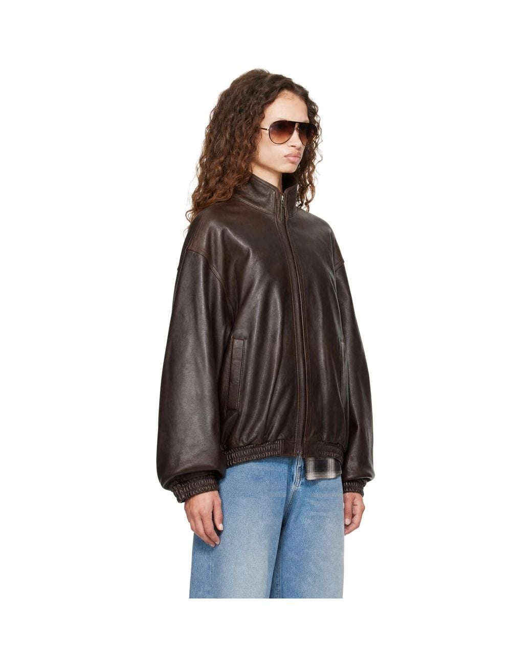 Ssstein Brown Stand Collar Sheep Leather Jacket