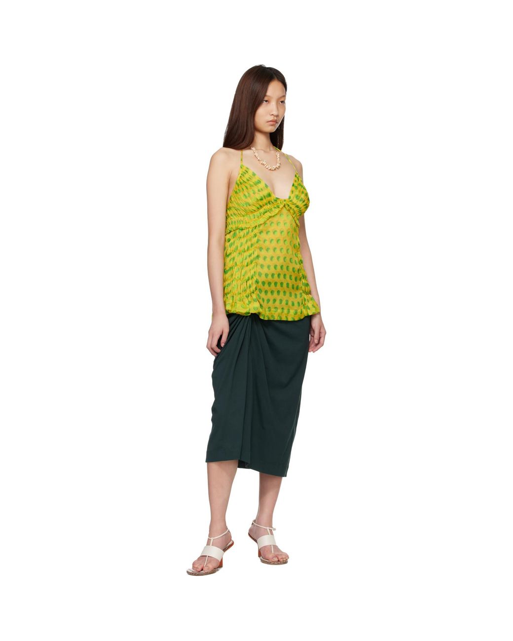Dries Van Noten Yellow Optical Polka Dot Silk Halter Top
