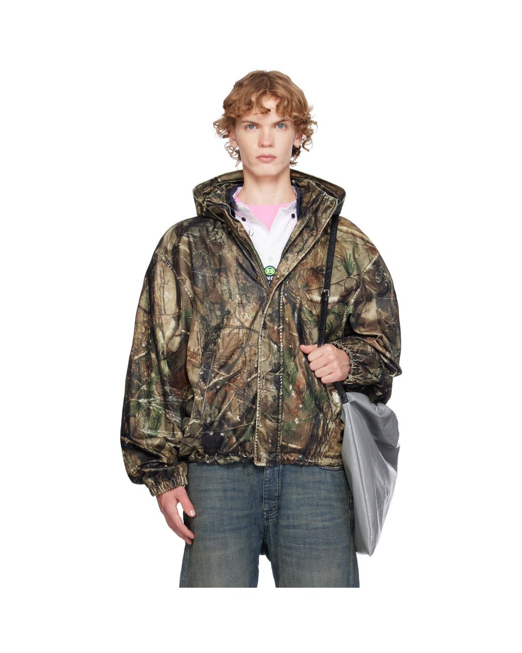Balenciaga Brown Khaki Camo Flocked Cotton Hooded Jacket for men