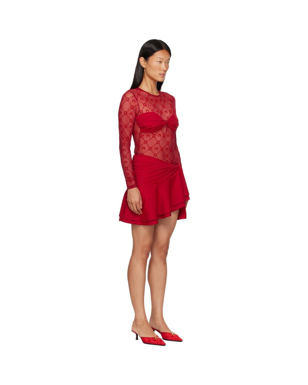 MARINE SERRE Red Monogram Mesh Flock Ruffles Minidress