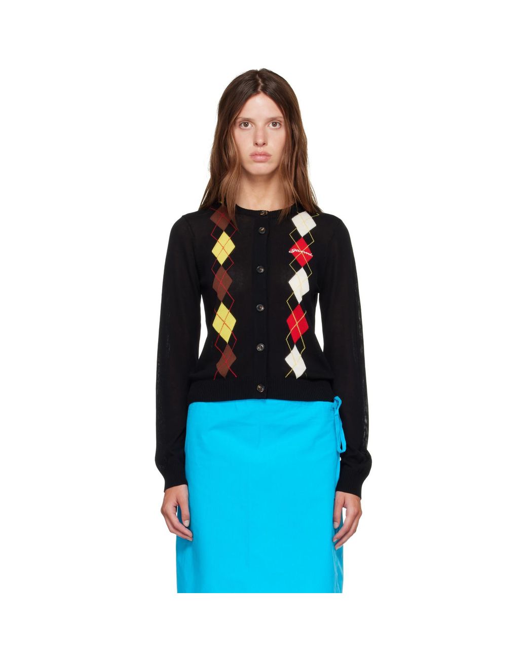 Ganni Blue Argyle Cardigan
