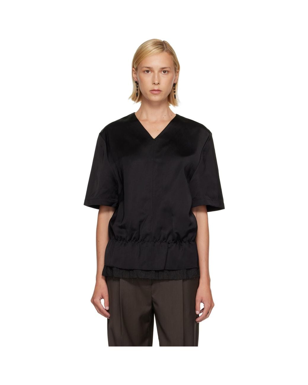 Totême Black V-Neck Satin Pullover Top