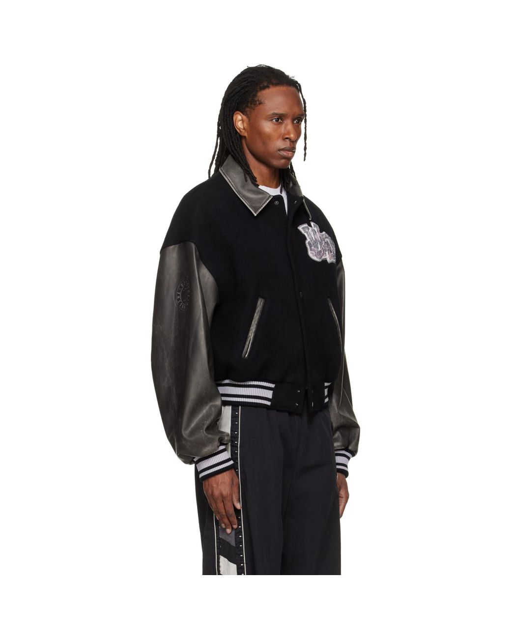 we11done Black Faux-Leather Varsity Jacket for men