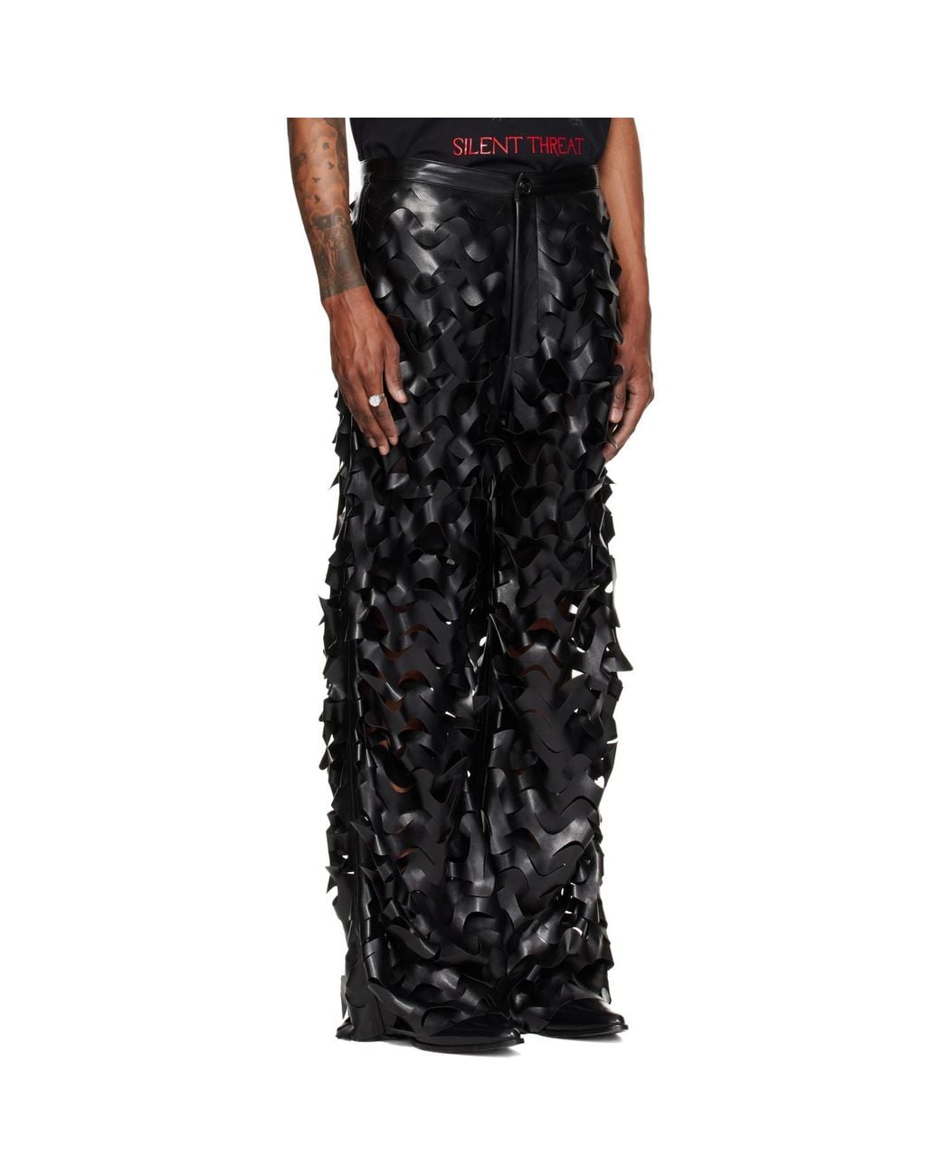 Lu'u Dan Black Laser Cut Faux-Leather Trousers for men