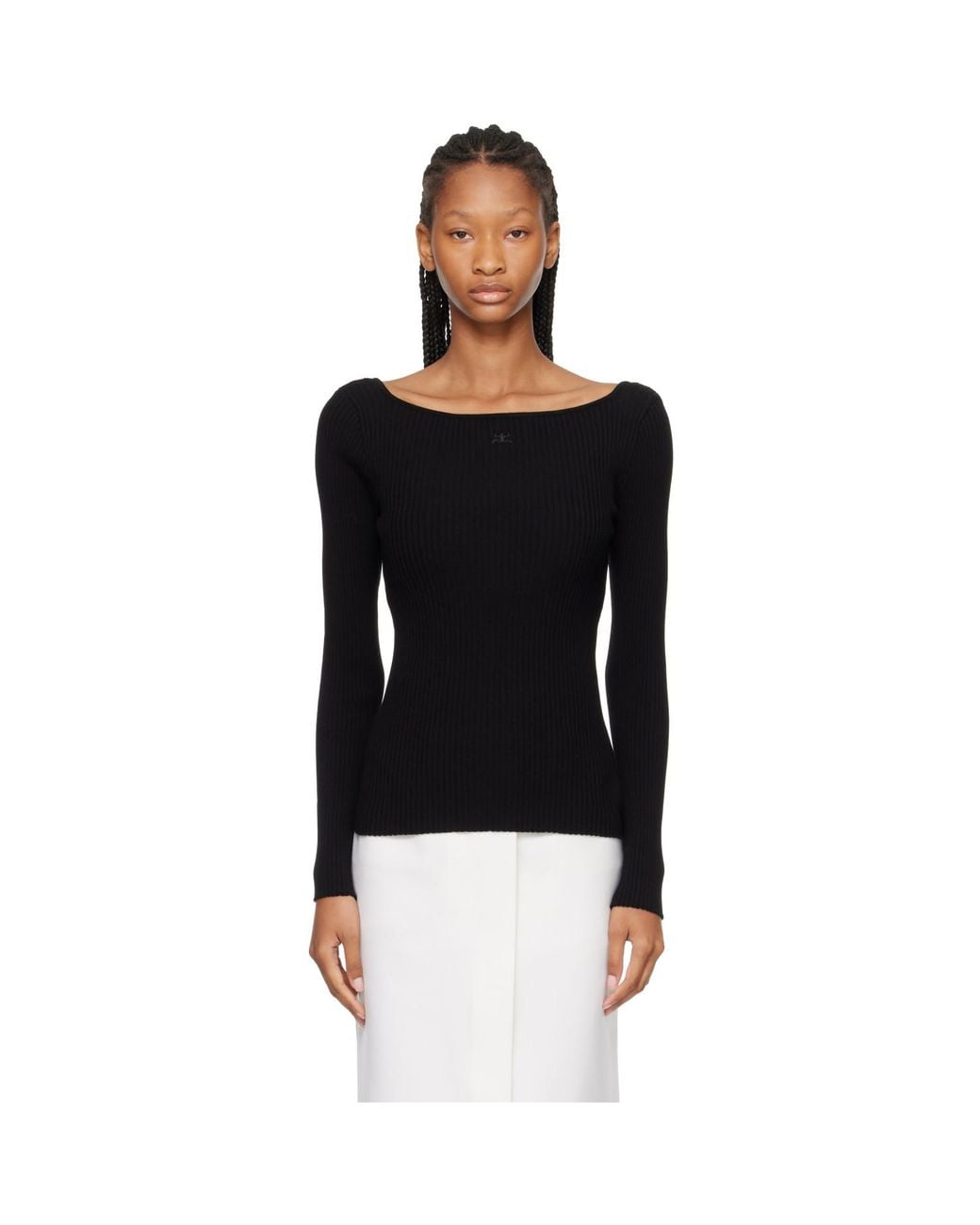 Courreges Black Square Neck Rib Knit Sweater
