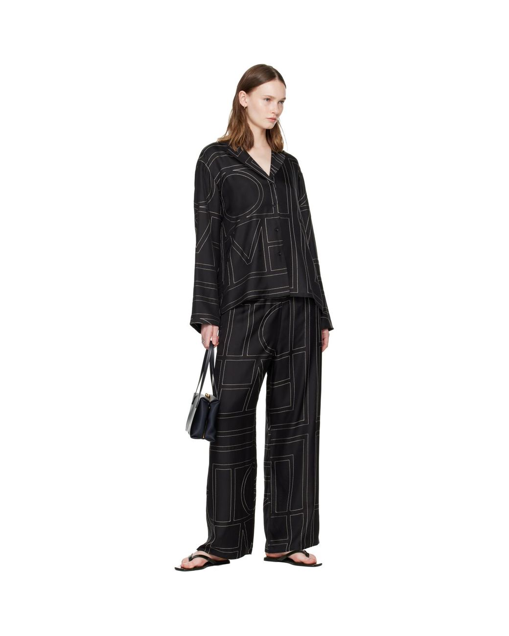 Totême Black Monogram Silk Pj Lounge Pants