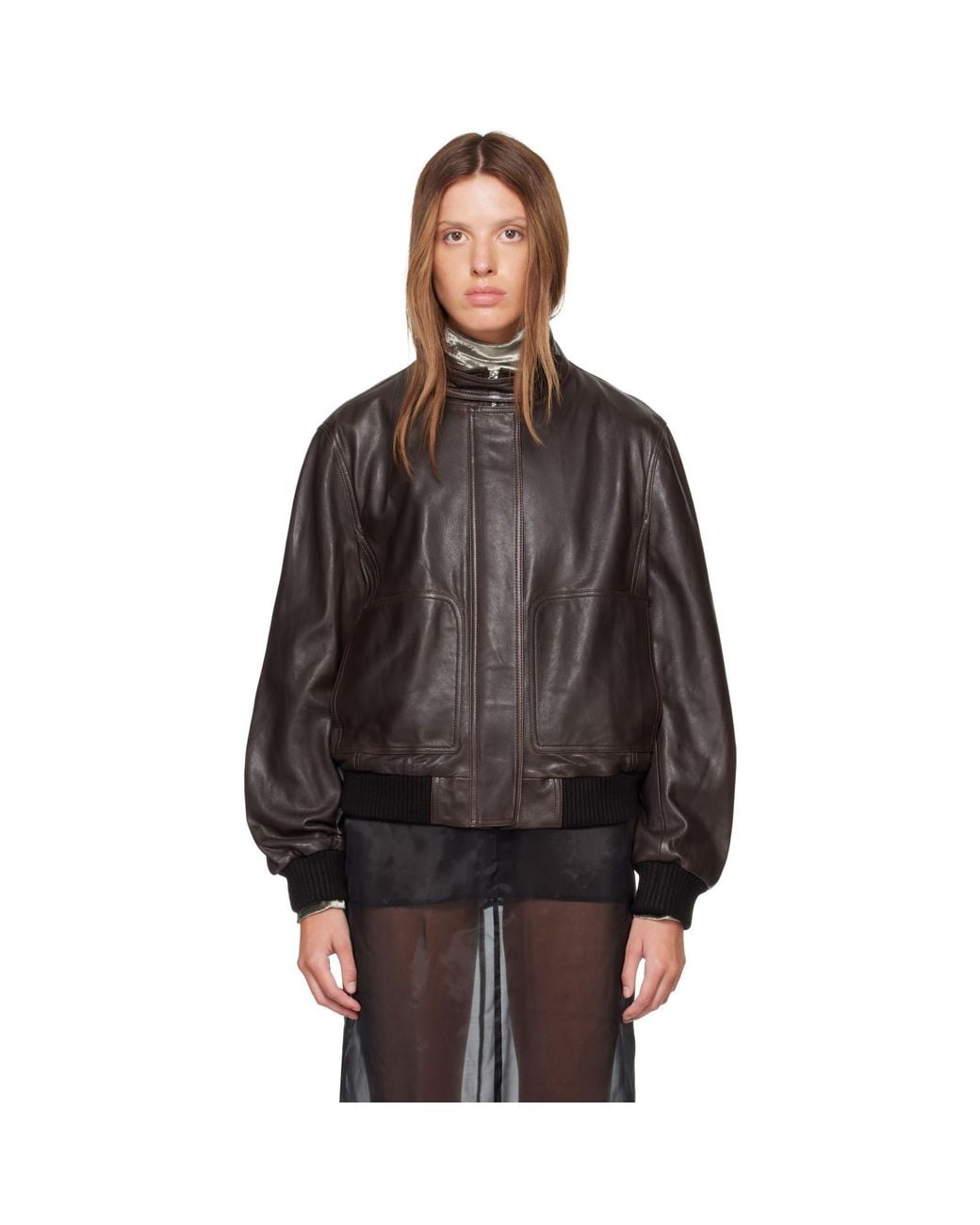 Nour Hammour Brown Rios Leather Bomber Jacket