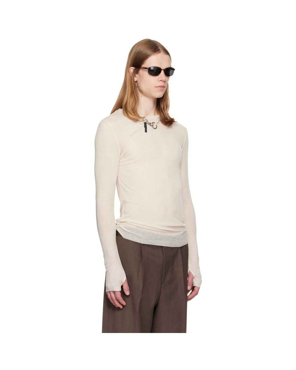 TONYWACK Natural Off- Sheer Wool Ribbed Knit Sweater for men
