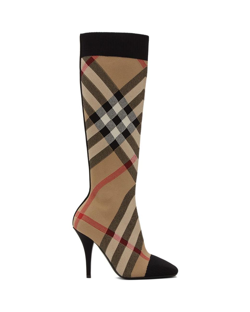 Burberry Beige Check Stretch Knit Sock Boots in Natural | Lyst