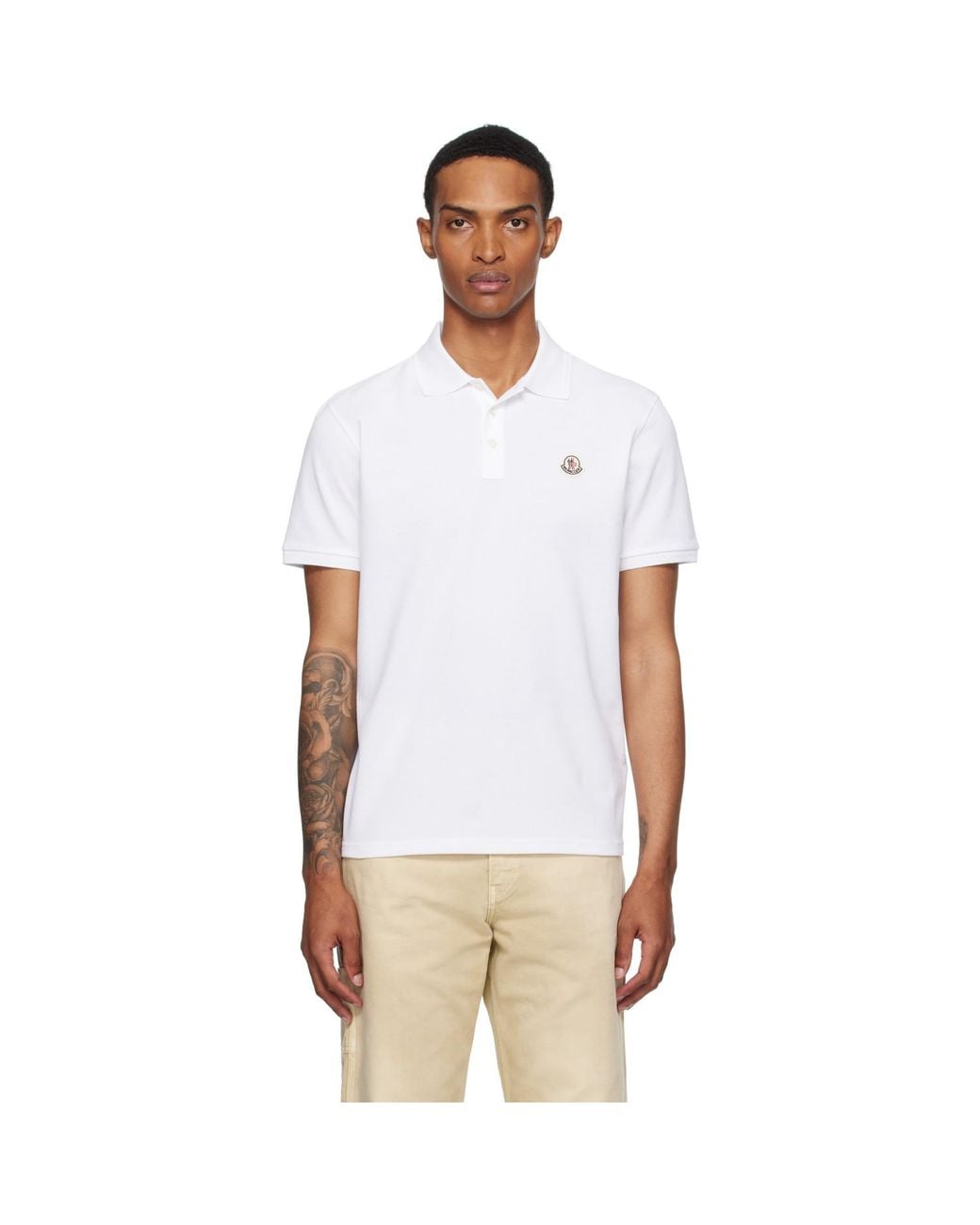 Moncler White Logo Patch Cotton Piquet Polo for men