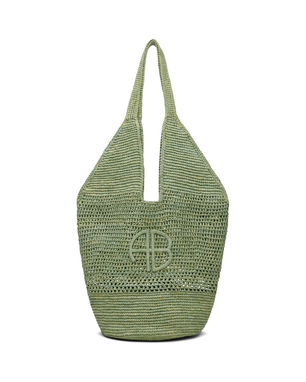 Anine Bing Green Leah Logo Raffia Bag