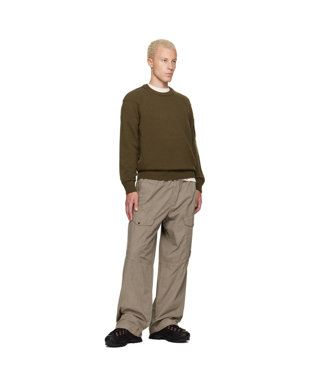 C P Company Green Khaki Lambswool Lens Crewneck Contrast Sweater for men