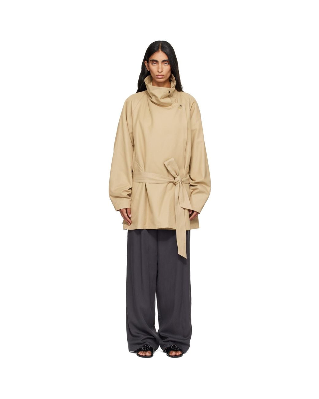 LE17SEPTEMBRE Natural Cotton Draped Funnel Neck Half Trench Coat