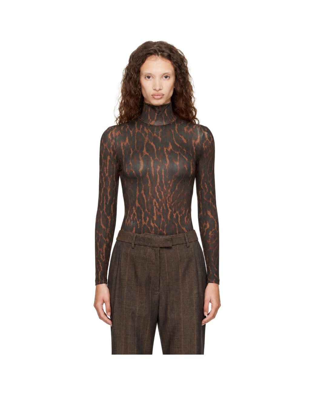 Ganni Brown Printed Jersey Turtleneck