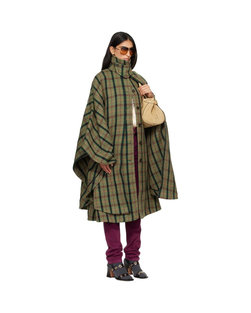Chloé Green Khaki Layered Long Cape Coat