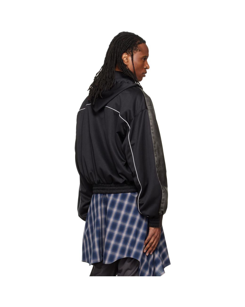 we11done Black Hybrid Hooded Faux-Leather Track Jacket for men