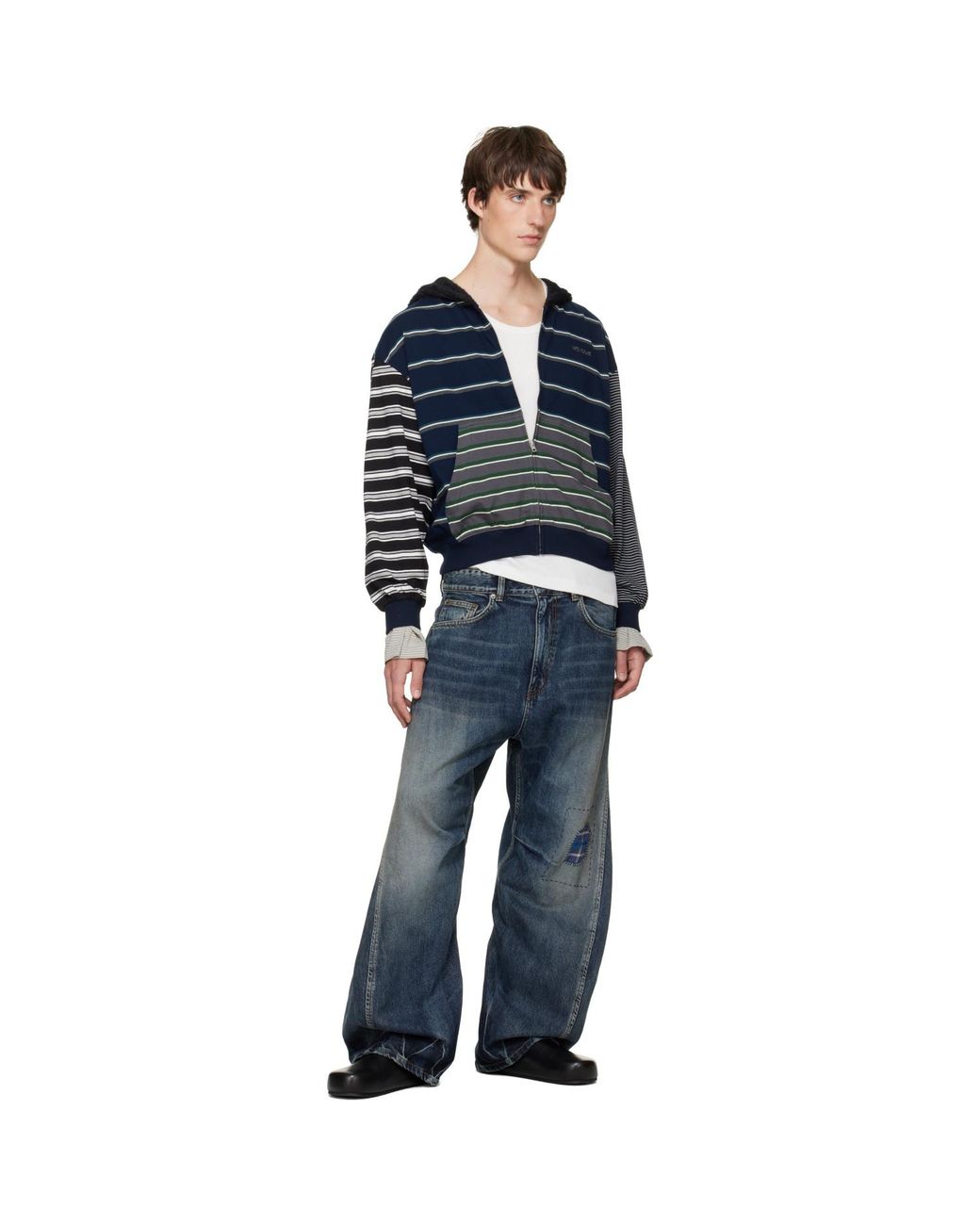we11done Blue Layered Striped Zip-Up Hoodie for men