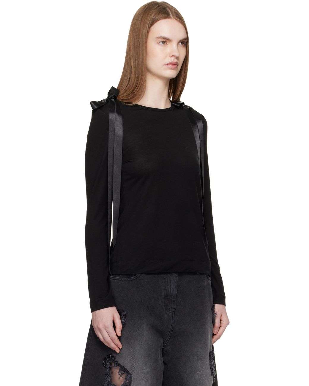 Simone Rocha Black Bow Ribbon Tail Long Sleeve T-Shirt