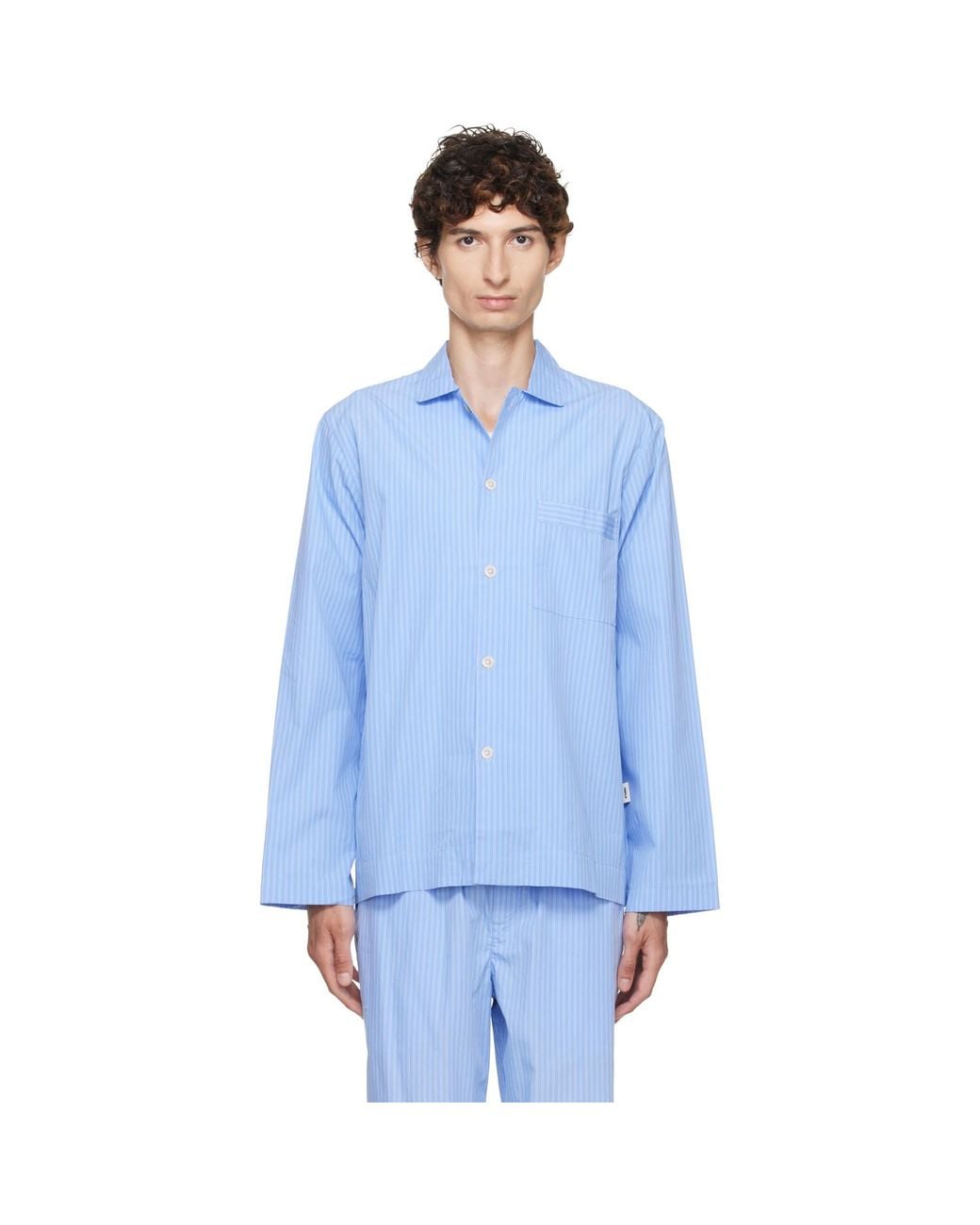 Tekla Blue Poplin Long-Sleeved Pyjama Shirt for men
