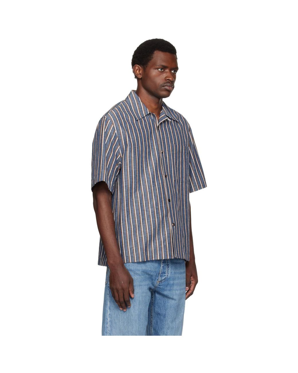 Bottega Veneta Blue Bold Cotton Linen Stripe Shirt for men