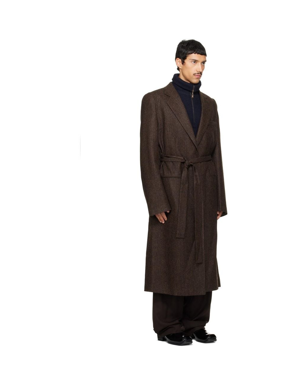 Maison Margiela Black Belted Herringbone Wool Coat for men