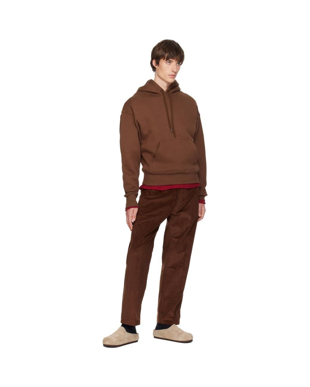 AMI Brown Cotton Embossed Ami De Coeur Hoodie for men