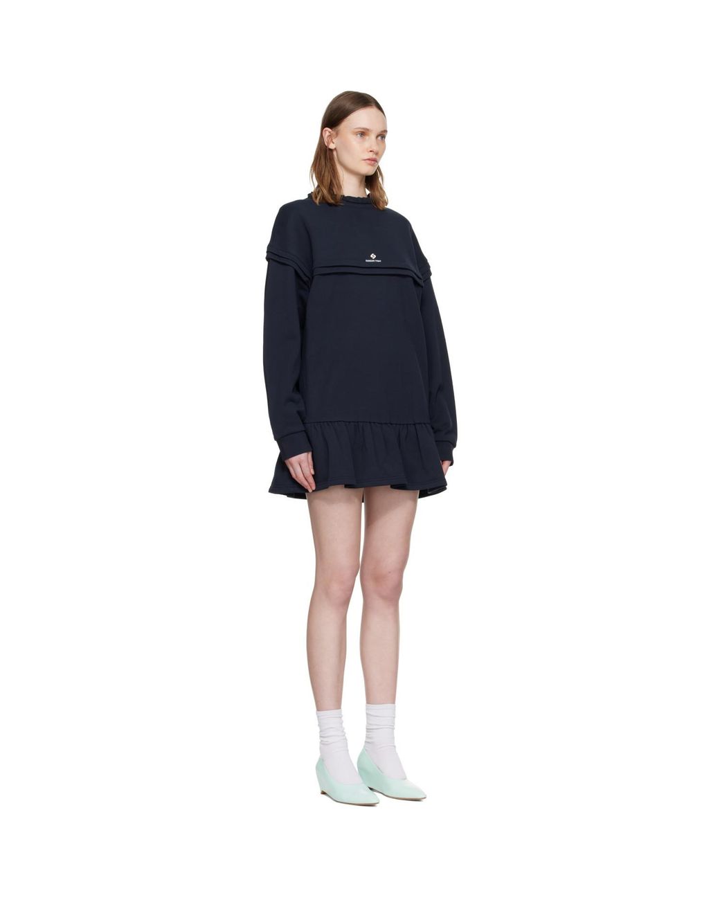 ShuShu/Tong Black Raw-Edge Wave Collar Tuck Detail Sweatshirt Minidress