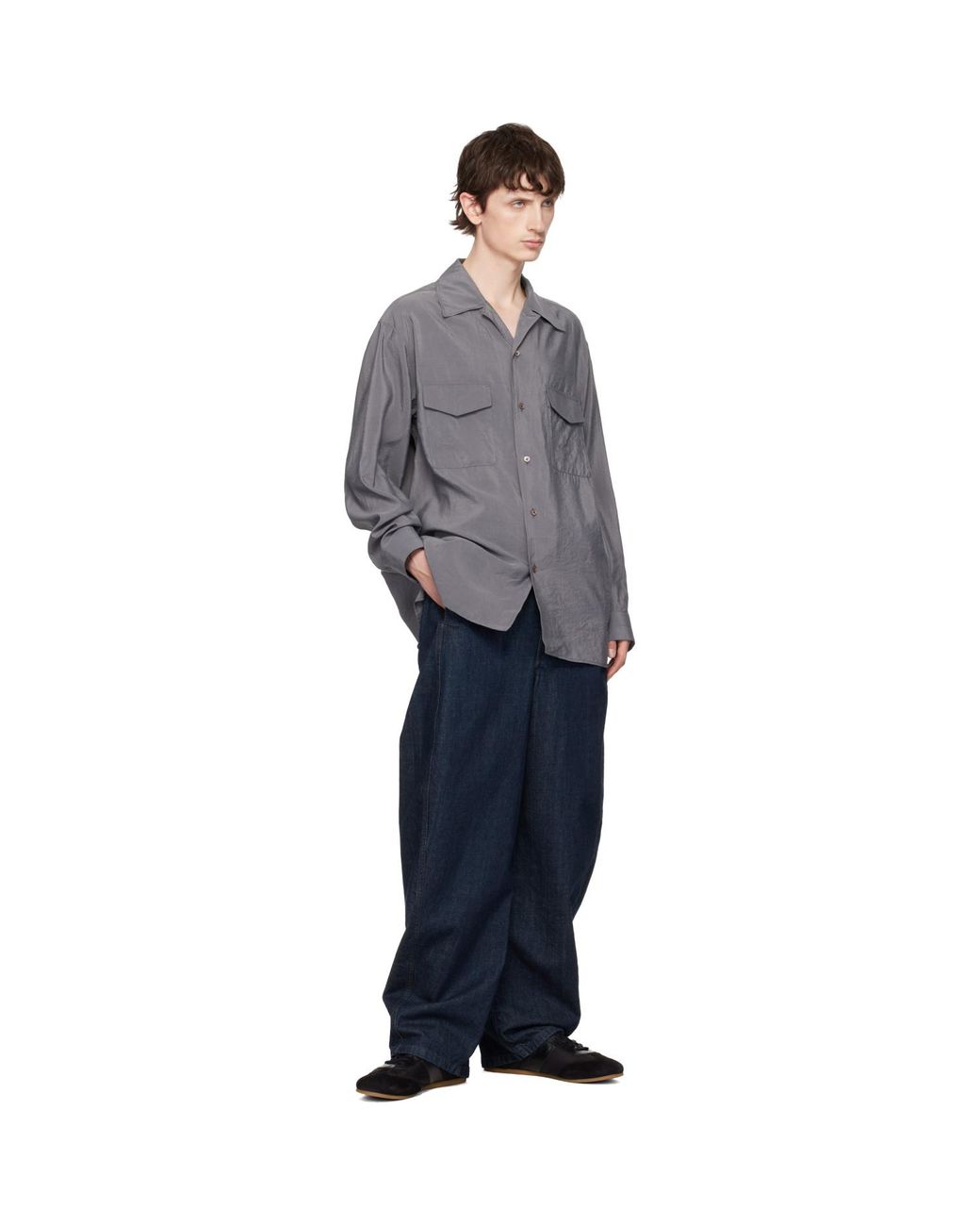 Lemaire Gray Convertible Collar Dry Silk Shirt for men